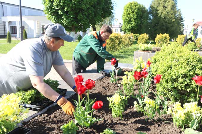 Коммунальщики высаживают цветы на улицах райцентра